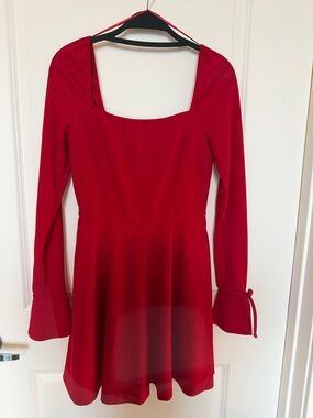 Francesca's Collections Red Square-Neck Long Sleeve Skater Dress